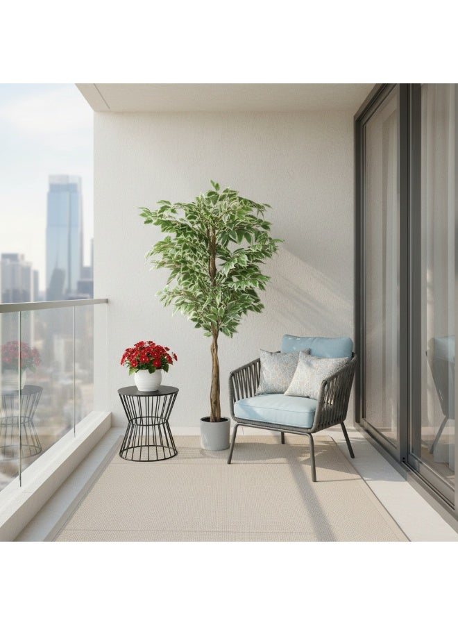 Sharpdo 150CM Artificial Variegated Ficus Tree, Lifelike Faux Variegated Ficus Plant with Natural Wood Trunk, Low Maintenance Fake Floor Plant for Home Office Living Room Corner Decor, Potted - Image 4